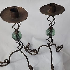 Wrought Iron Orb Candlestick Pair